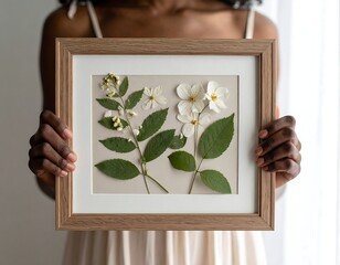 Person holding a framed floral artwork