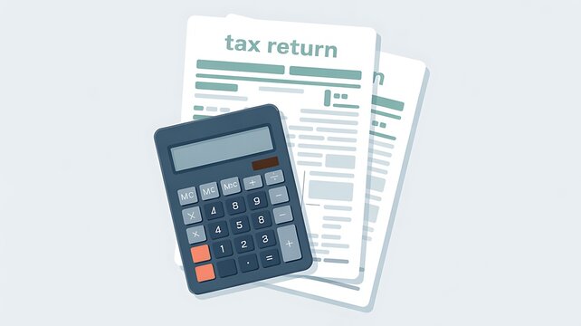 Illustration of a dark gray calculator placed on two white tax return documents on a light gray surface