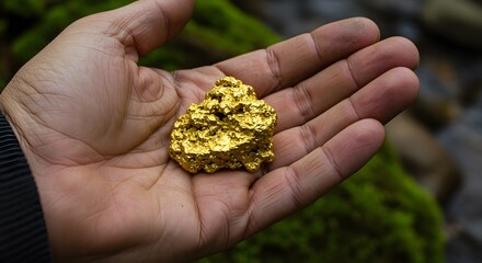 Hand Holding Small Clean Gold Nugget Over Mossy Forest Ground