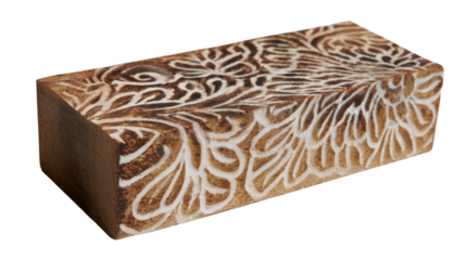 Wooden block printing stamp featuring a handcrafted floral pattern, traditional carving on a cut out background