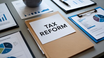 TAX REFORM title on a folder sits amidst various financial reports and colorful pie charts on a grey desk