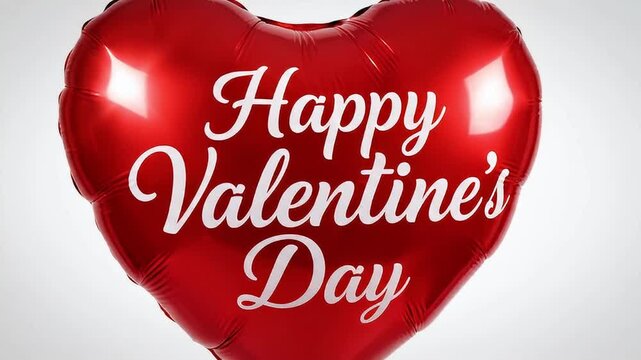 A vibrant, shiny red heart-shaped foil balloon is prominently displayed against a clean, softly lit white background. The balloon features elegant white script text, clearly conveying a joyous holiday