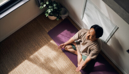 Peaceful Asian man meditating on floor in sunlight
