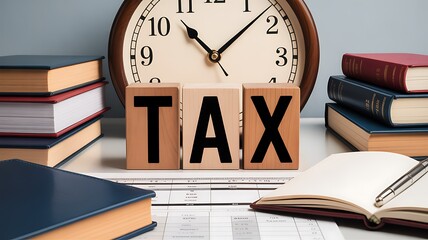 Wooden blocks spelling TAX are arranged on documents, surrounded by books and a large clock