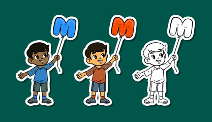 Cute Boys Holding Letter M Balloon Sticker Set