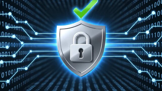 Network security shield with padlock and glowing circuit connections conveying data protection encryption cybersecurity protection and secure connection against binary code conveying digital