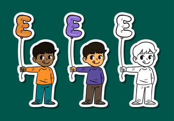 Cute Boys Holding Letter E Balloon Sticker Set