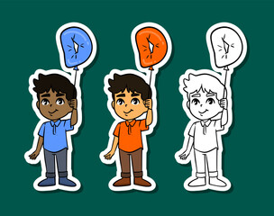 Cute Boys Holding Letter D Balloon Sticker Set