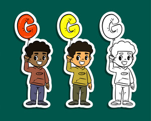 Cute Boys Holding Letter G Balloon Sticker Set