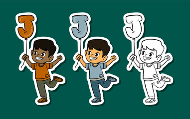 Cute Boys Holding Letter J Balloon Sticker Set