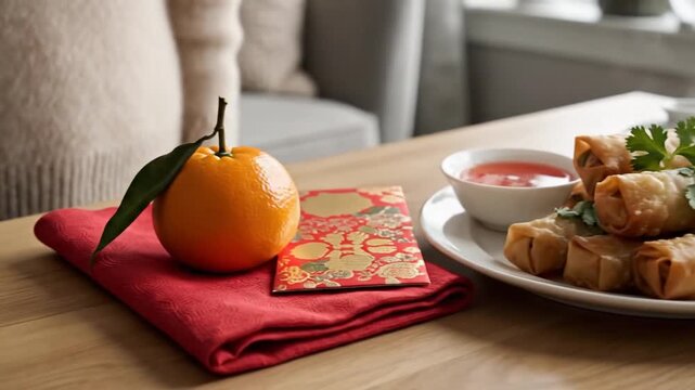 Delicious Golden Spring Rolls with Sweet Chili Sauce Served Indoors