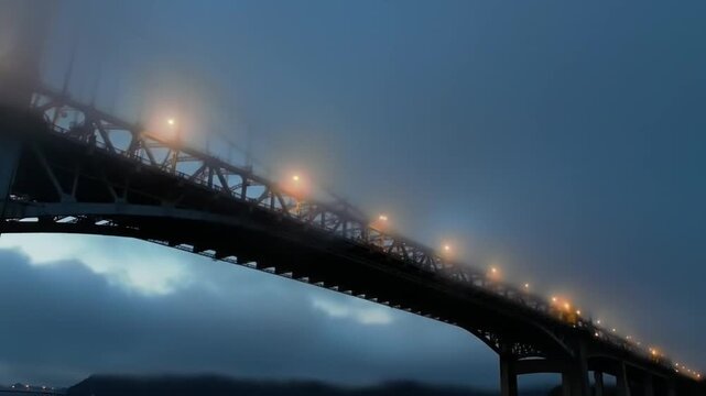 Suspension bridge silhouette with lights against a moody sky at dusk