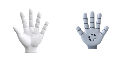Obraz premium Two stylized hands are displayed, one realistic and one robotic, showcasing different designs and functionalities.