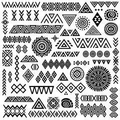 Set of primitive ethnic elements isolated on white background. Vector hand drawn geometric patterns in ethnic style.