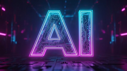 Futuristic neon glowing AI letters with circuit board patterns in a dark digital environment.