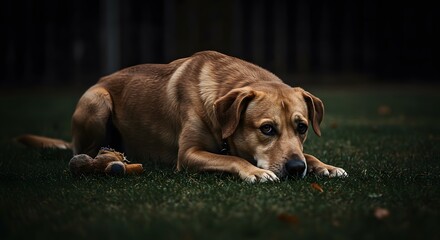 Sad or tired Labrador Retriever dog lying down quietly on dark green grass