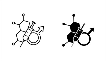 Injection and Male Symbol Line Icon Outline icon of a syringe combined with male symbol and molecular structure, representing male health, hormone therapy, medical treatment, and biotechnology.
