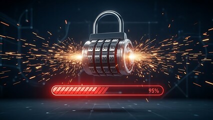 Combination lock with sparks and progress bar indicating security update completion padlock