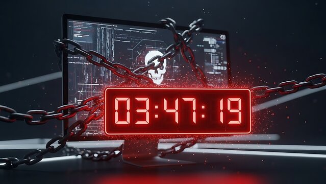 Computer screen with skull and chains, digital timer counting down monitor locked - Powered by Adobe