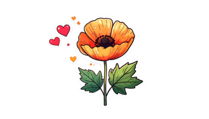 A bright orange flower with heart accents and green leaves against a black backdrop