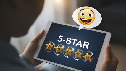 Person Gives Five Star Rating on Tablet with Happy Emoji Feedback stars