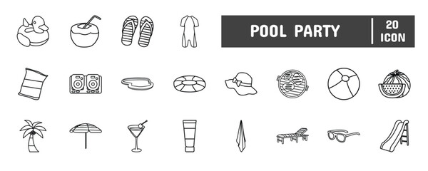 20 Pool Party Line Icon Illustration Set