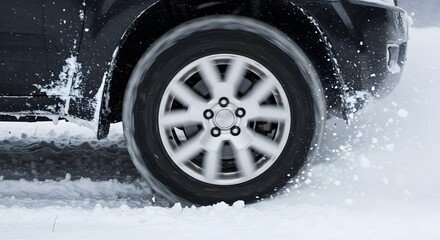 Close-up of a car tire spinning on a snowy road during winter driving conditions.