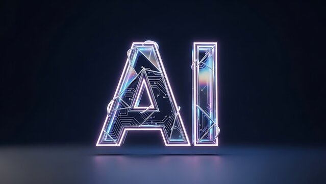 Stylized 3D rendering of 'AI' letters with neon glow and fragmented, futuristic design on a dark background, representing artificial intelligence. - Powered by Adobe