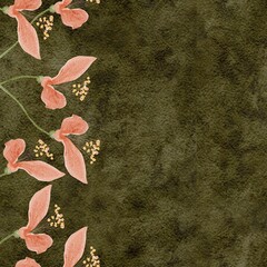 Seamless watercolor floral border, peach blossoms, delicate stems on olive background. Elegant vertical botanical design perfect for wedding stationery, invitations, packaging, textiles and decor.