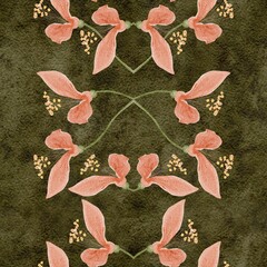 Seamless watercolor floral border, peach blossoms, delicate stems on olive background. Elegant vertical botanical design perfect for wedding stationery, invitations, packaging, textiles and decor.