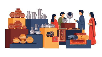 Vector illustration of people shopping and selling traditional Indian crafts at Surajkund Mela, with various handmade goods on display.