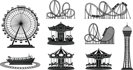 Amusement park rides silhouette set featuring ferris wheel roller coaster carousel tower and fairground attractions in detailed black outline illustration