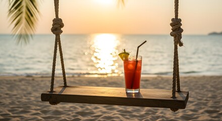 Tropical beach scene with a wooden swing set and a refreshing cocktail drink at sunset.