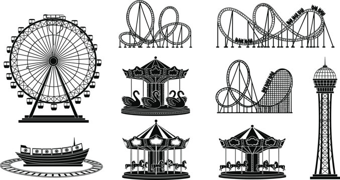 Amusement park rides silhouette set featuring ferris wheel roller coaster carousel tower and fairground attractions in detailed black outline illustration