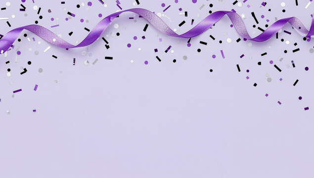 Purple and silver festive ribbon with confetti on purple background