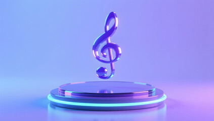 Futuristic neon music notes floating over a circular display stand