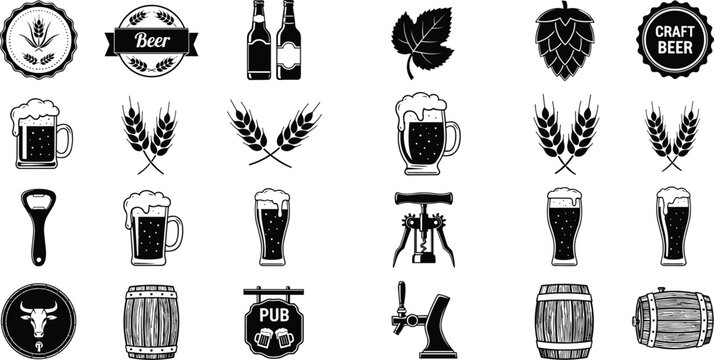 Craft beer icon collection featuring bottles mugs hops wheat barrels and pub symbols in vintage black vector illustration set