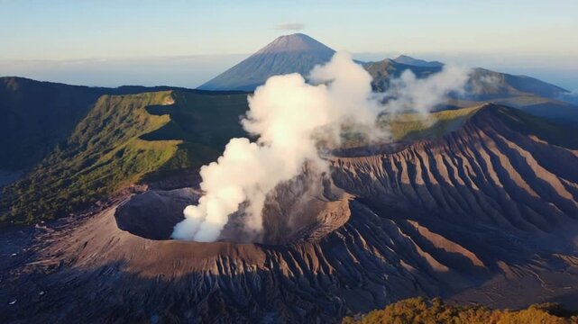 Aerial view of mount bromo with smoke rising from the crater and surrounding landscape scenery view volcano landscape video