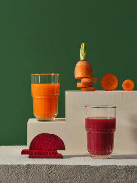 Fresh carrot and beet juice, a vibrant and healthy detoxifying