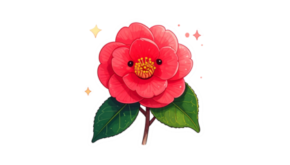 Cute, cartoonish red camellia with a face and sparkling accents