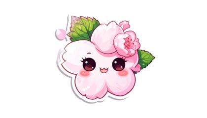 A cute cartoon flower with pink petals, green leaves, and big, expressive eyes