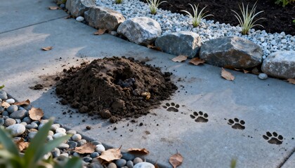 Fresh animal paw prints clearly visible in a patch of dark soil surrounded by decorative gravel.