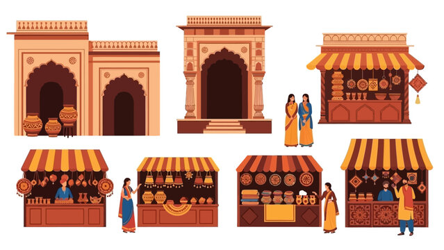 Vector illustration of a vibrant Surajkund Mela market scene in India, featuring traditional crafts stalls and architecture with people.
