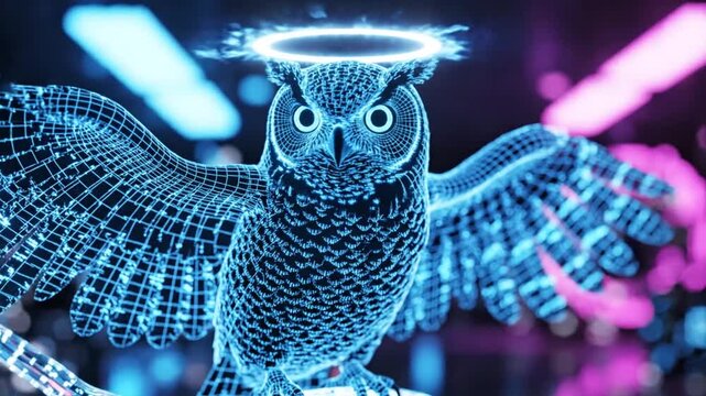 A glowing wireframe owl with a halo perched on a branch, illuminated by blue and pink lights