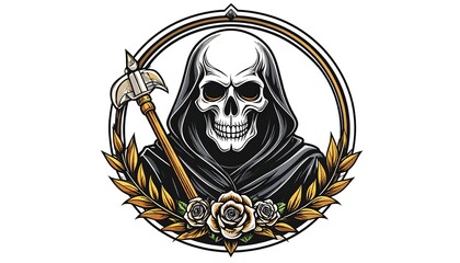 A skeletal figure in a dark hood holds a scythe framed within a circular design with laurel leaves and roses