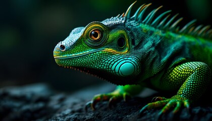 Extreme close-up portrait of a vibrant green iguana resting on a dark branch in a tropical setting.