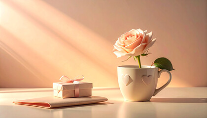 Valentines Day Soft Pink Rose In Heart Mug With Gift Box On Warm Sunset Light Table.