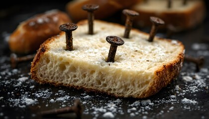 Conceptual image of a slice of toasted bread with large metal nails hammered into the surface.