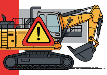 Warning sign on excavator for construction site safety alert