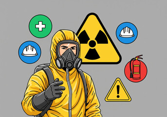 Person in hazmat suit with warning signs and safety symbols around them